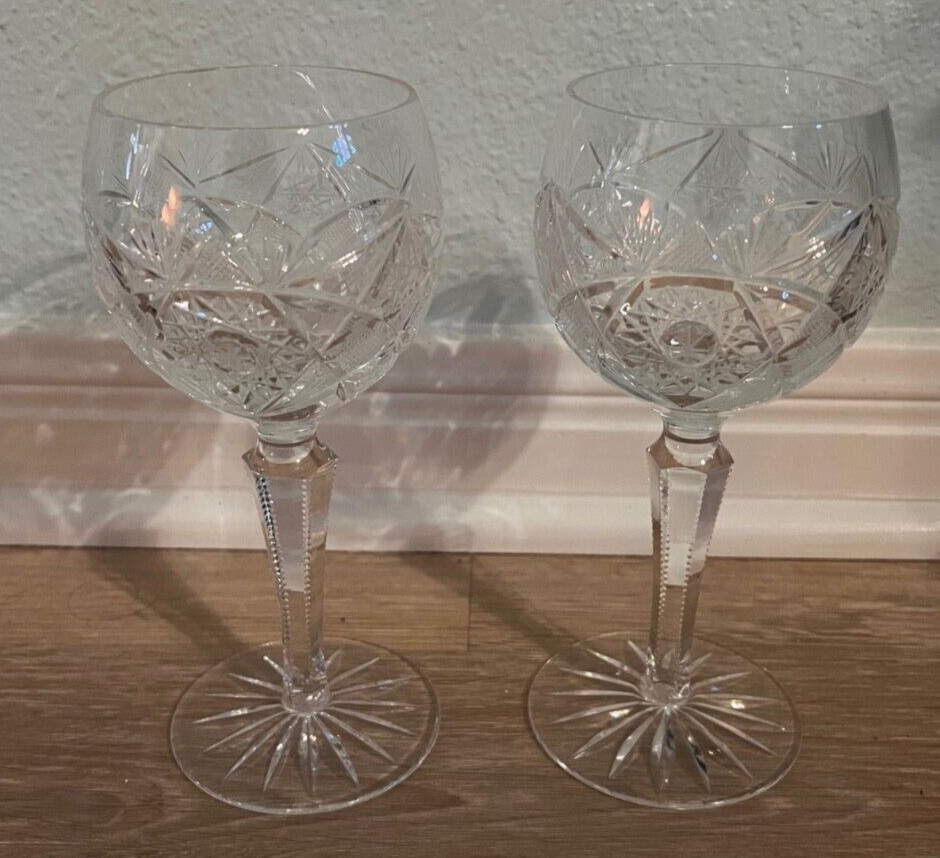 2 European Czech Bohemian  Pinwheel Cut Crystal Wine Hock Goblets Glasses 7 1/2"