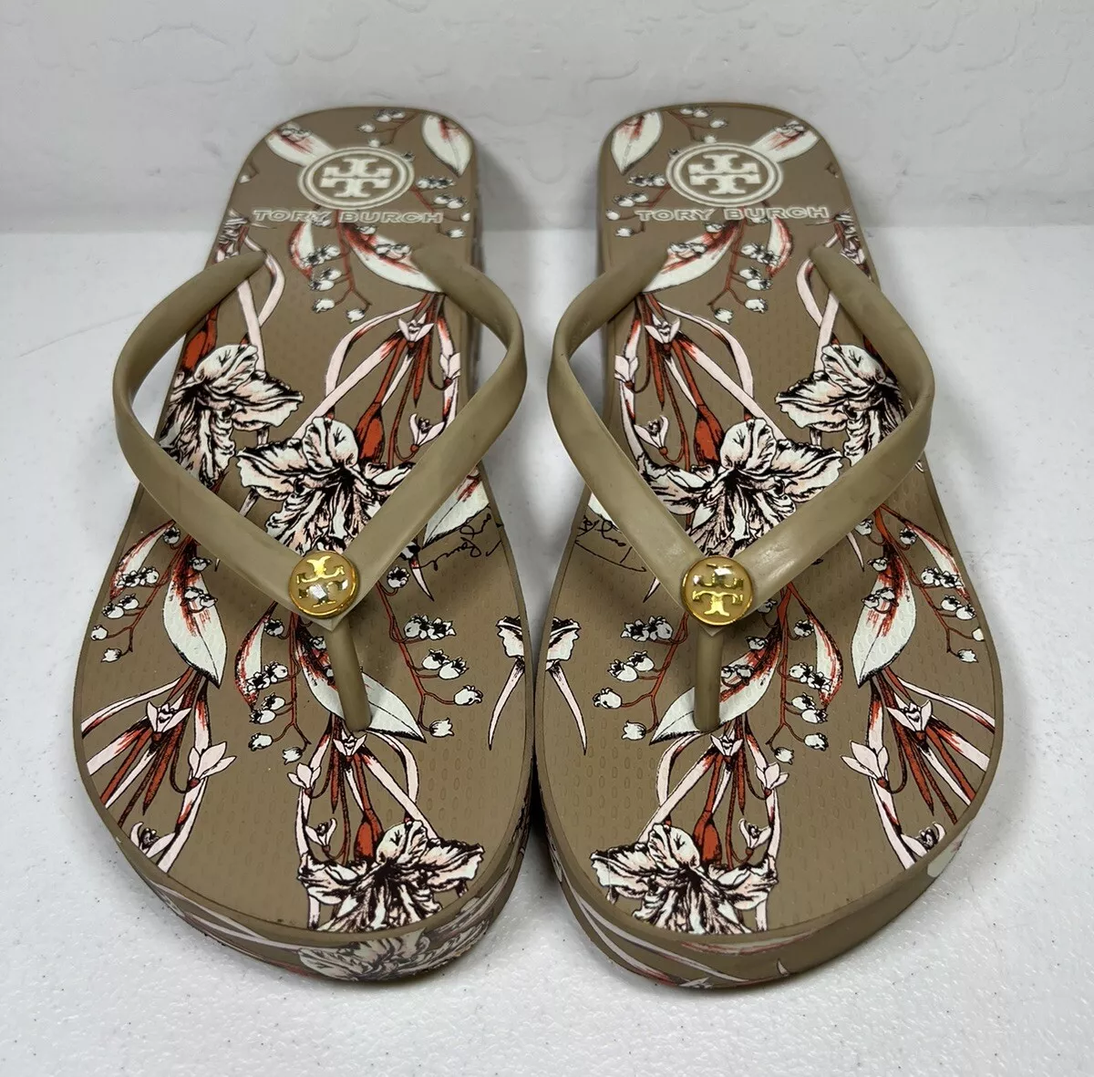 Tory Burch Thandie Printed Wedge Flip Flop Sandal Tan Floral