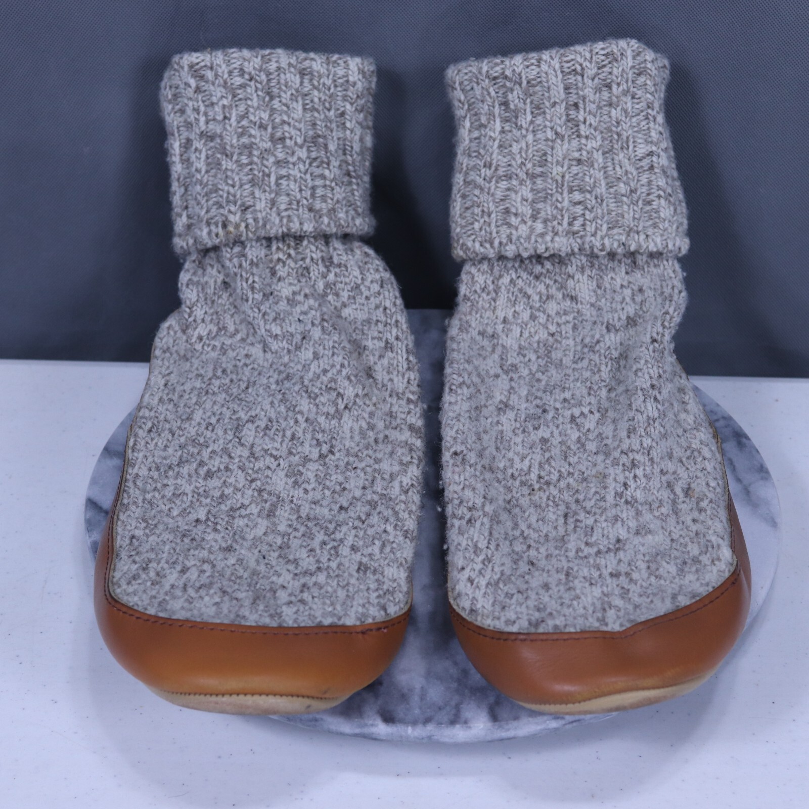 LL Bean Leather Sole Gray Wool Socks House Slippers Lounge Cozy Large 12 measure