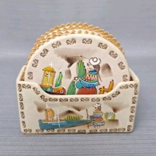 Vintage Hand Painted Leather Coasters Set 6 With Holder Peru Folk Art