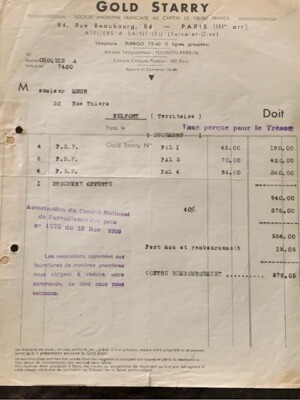 Gold Starry Pen Co   Invoice  20th March 1944 From there Paris Office