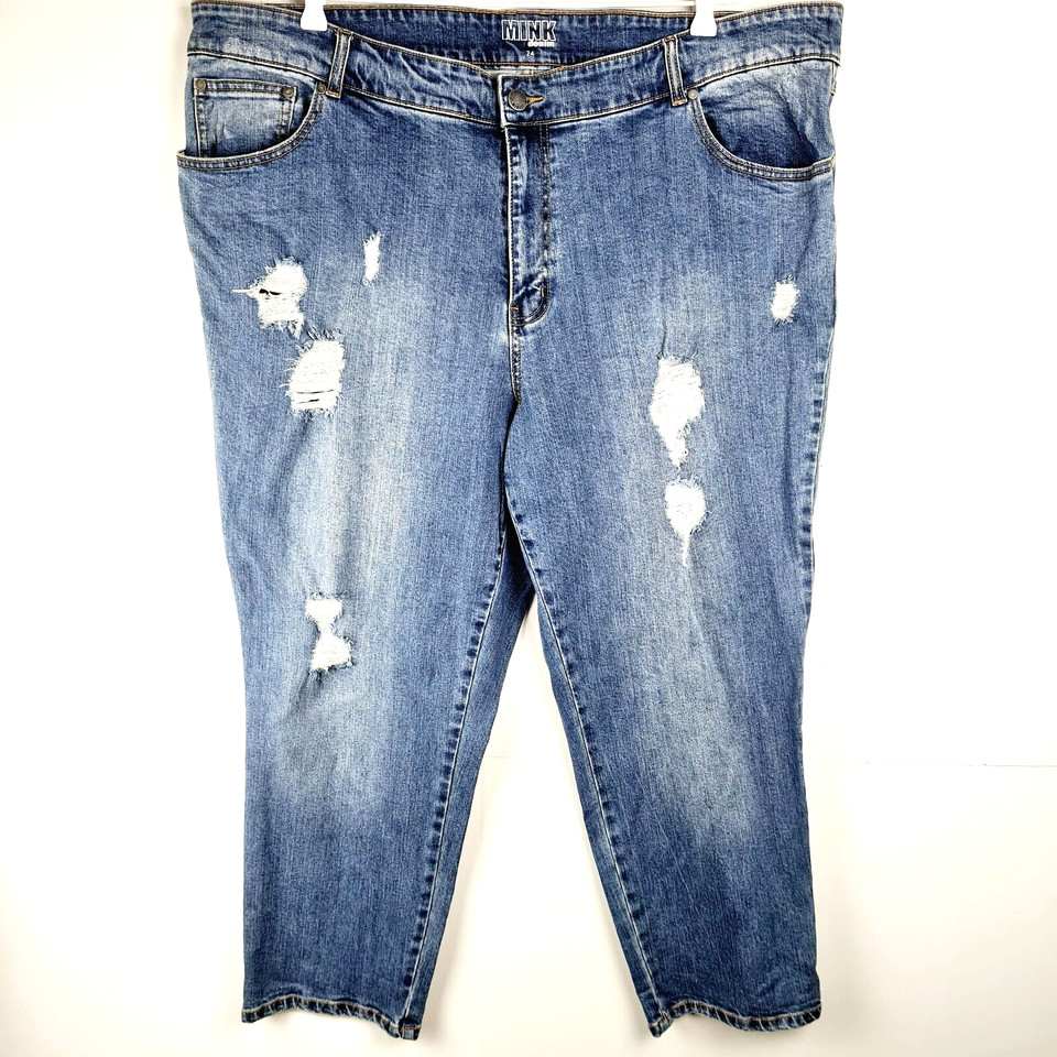 Mink Ladies Ankle Length Jeans Light Wash Denim Straight Leg Distressed Size 24