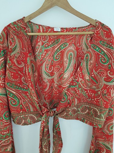 Red Top Shrug Bolero Cropped Hippie Festival Indian Tie Front Boho Vintage SILK - Picture 2 of 14