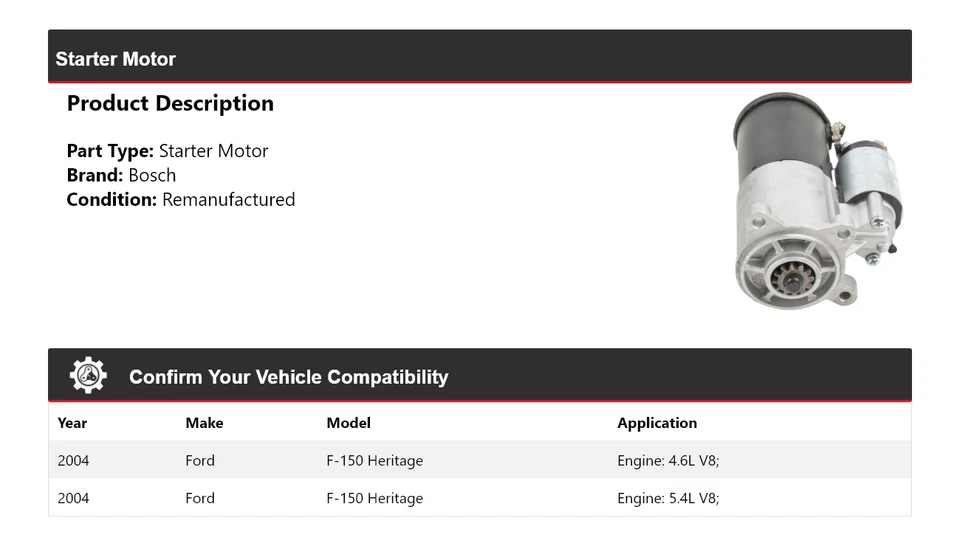 Para 2004 Ford F-150 Heritage Bosch Starter (Remanufaturado) - Imagem 2 de 4