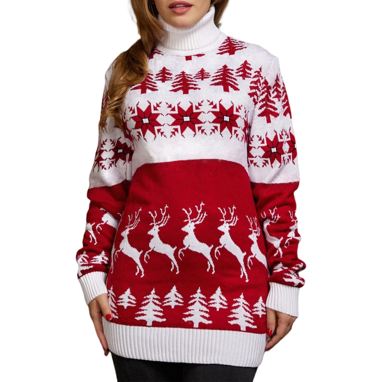 women-white-red-jumpers-loose-fit-snowflake-fawn-pattern-turtleneck