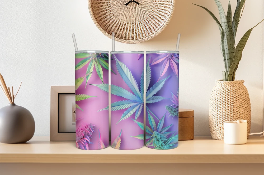 Tumbler Skinny 20oz  w/ Lid & Straw  Weed Leaf Cannabis Marijuana 420