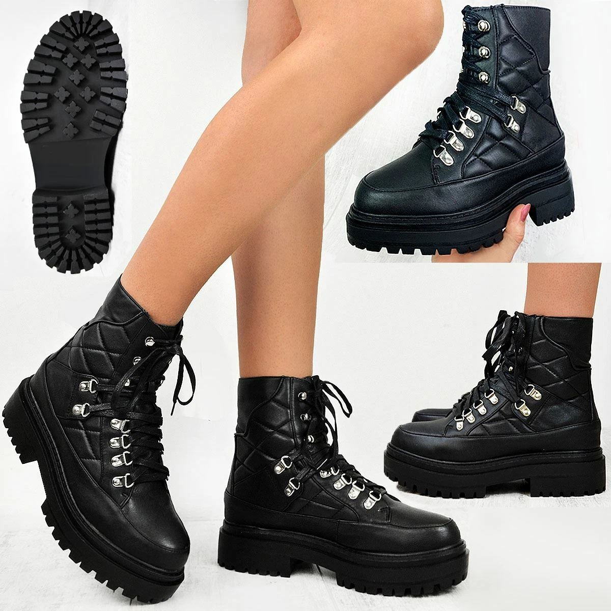Black chunky military lace up boots cheap