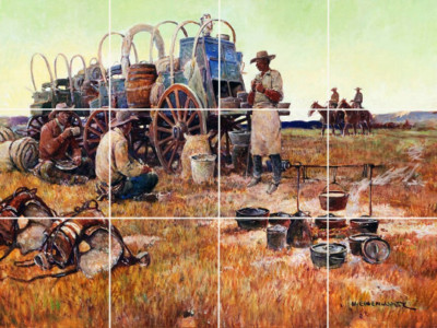 chuck wagon cowboys cooking food western ceramic mural backsplash