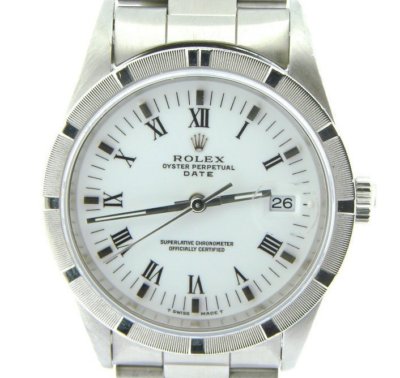 Mens Rolex Date Stainless Steel Watch Engine-Turned Bezel White Roman Dial 15210