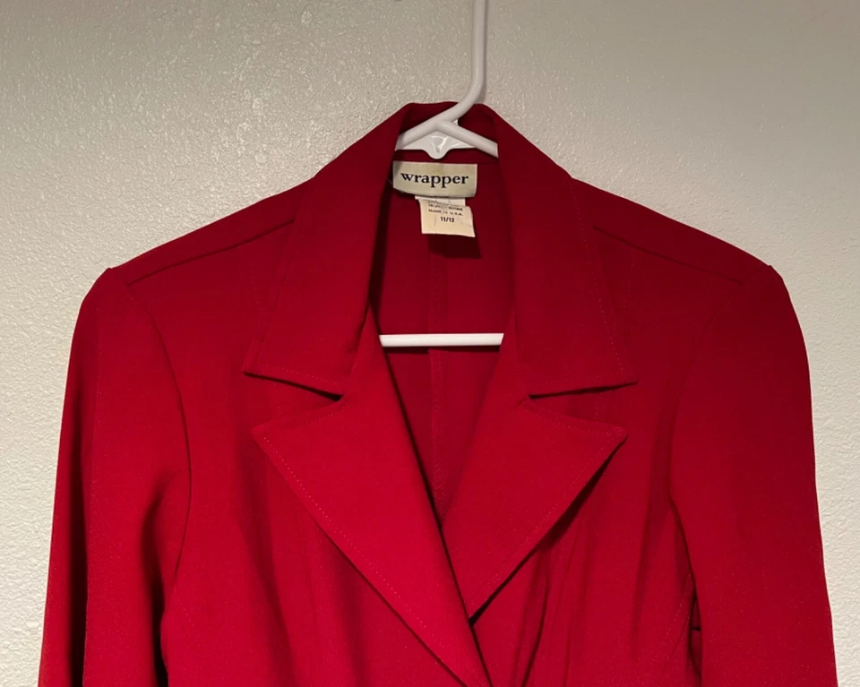 Traje Falda Envolvente Rojo Vintage Y2K 2 Piezas Falda Corta con Abertura y Chaqueta Ajustada Foto 3 de 4