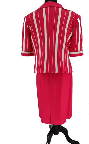 Louis Feraud Vtg. Woman Pink Stripe Summer Suit Size 10 Lined Pencil Skirt Slit - Picture 2 of 16