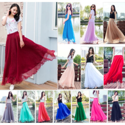 Women Chiffon Long Skirt Pleated Swing Boho Mori Ethnic A-line Ruffle Dress