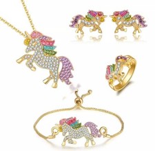 Unicorn Jewelry Set Crystal Rainbow Necklace Bracelet Earrings Ring