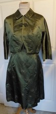 Vintage 60s Olive Green Satin Brocade Dress Jacket Set Hong Kong B40  