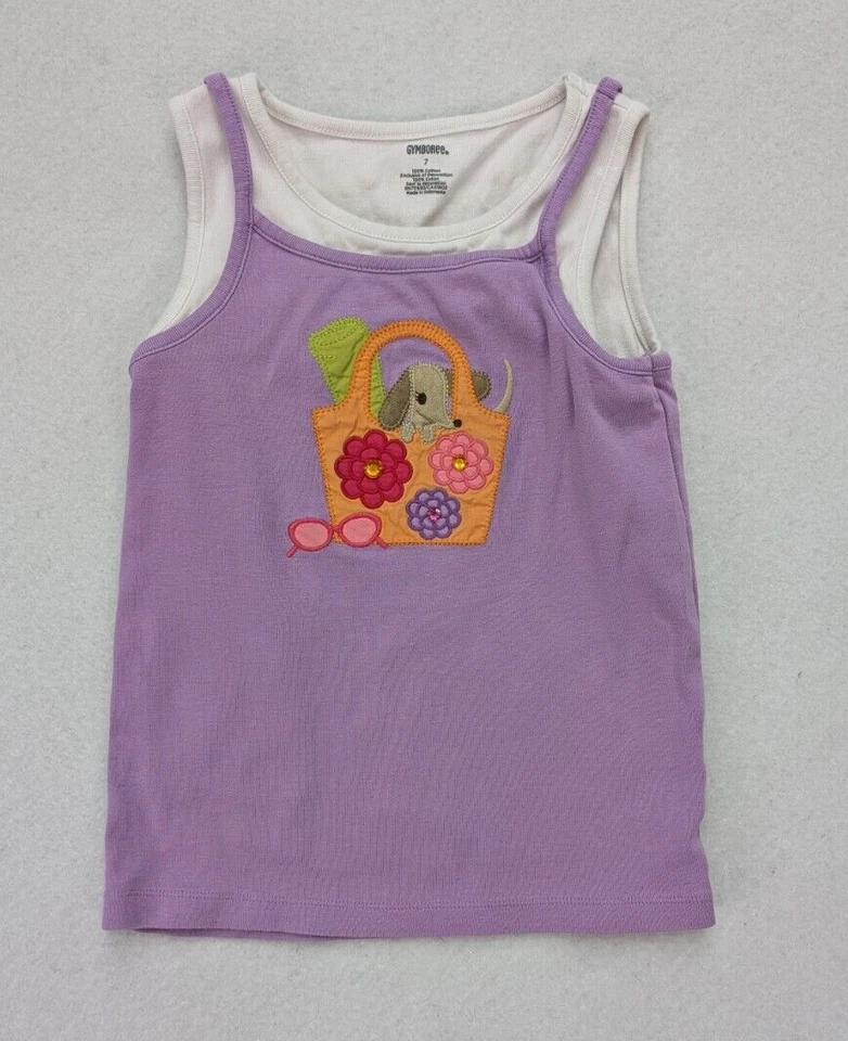 Camiseta sin mangas Gymboree para niñas púrpura y blanco picnic cachorro sin mangas talla 7 DEFECTOS Foto 2 de 4