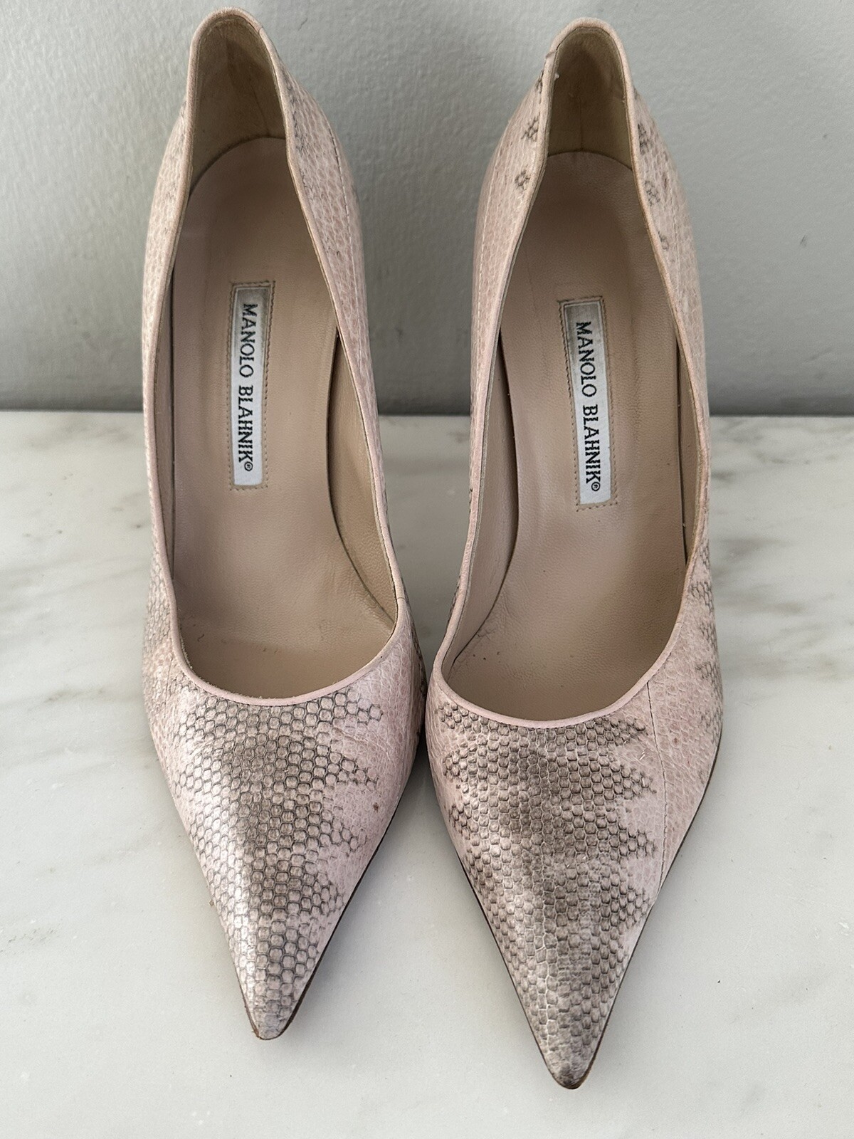 Manolo Blahnik Light Pink/Grey Python Pattern Cla… - image 2