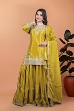 New Fancy Pure Chinnon Silk Yellow Palazzo Suit With Dupatta For Party Wear
