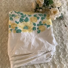 1 Vintage Lady Pepperell white yellow roses floral Full?  flat sheet 80"x93"