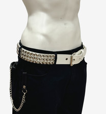 White Patent Vegan Three Row Pyramid Stud Belt Punk Goth Metal Funk Plus