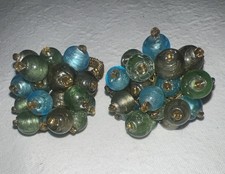 Pier 1 Napkin Rings Holder Amber Glass Beaded Cluster Green& Aqua Gold Flowers#5