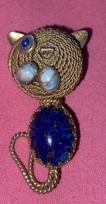 Rare! BIJOUX CASCIO Italy Blue Eyed Cat Multi-Color Cabochon Brooch 2 1/4 Inch