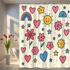 Cute Floral Shower Curtain with Hearts and Stars Design