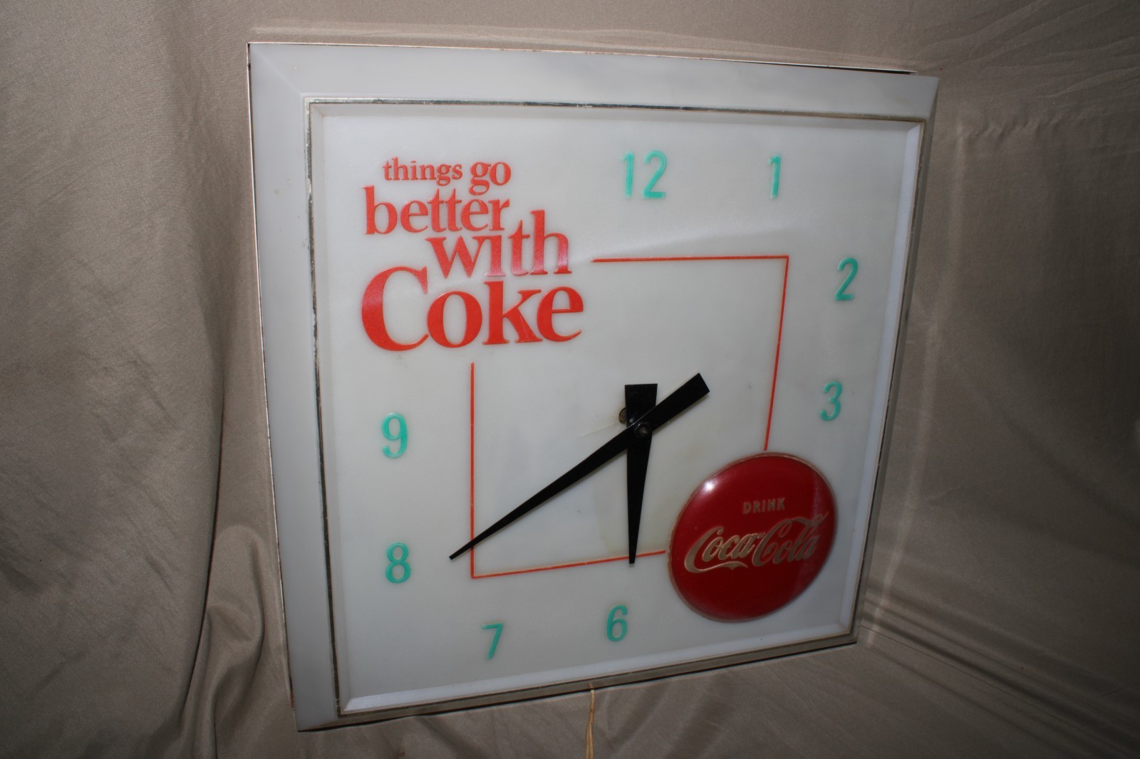 VTG 1960's Coca Cola Lighted Electric Wall Clock Sign Things Go Better With Coke