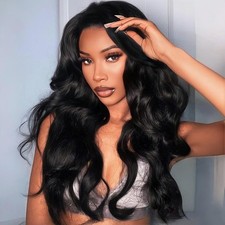 Women Black Long Fluffy Body Wave Synthetic Fiber Full Wig Drawstring Adjustable