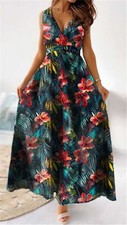 Women's Floral Boho Maxi Dress Summer V-Neck Holiday Beach Long Sun Dresses SIZE