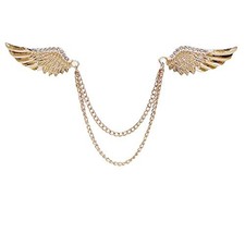 Lapel Pin for Men Stone Detailing Double Angel Wing Tassel Chain Brooch Gold