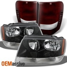Fit 99-04 Jeep Grand Cherokee Black Headlights Dark Red Tail Lights Replacement