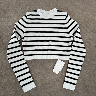 Commense Cropped Sweater Women's XL White Black Striped Tight Knit Raglan Sleeve