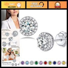 925 Sterling Silver Birthstone Stud Earrings for Women - Heart/Round/Square Shap