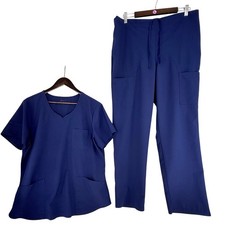 ScrubStar Womens Navy Blue Scrub Set XL Top L Pants Straight Leg With Pockets