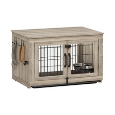 Wooden Dog Crate Furniture with 360 Rotatable Removable Dog Bowls, Dog Crate ...