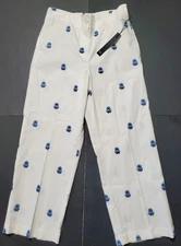 NWT Nicole Miller Collection Cotton  Linen White /Blue Embroidered  Pants Sz.8