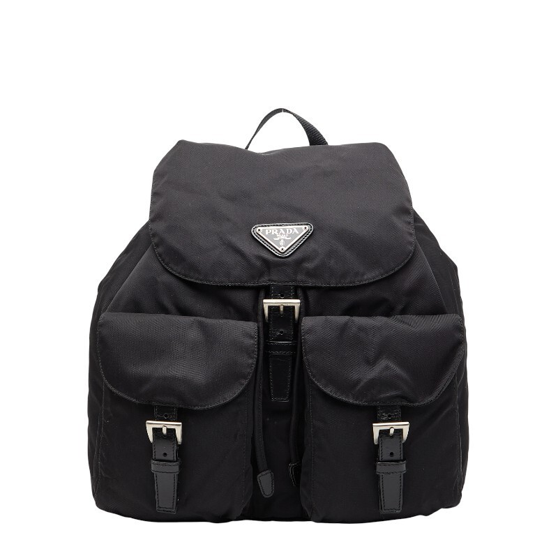 Prada Backpack Nylon Black Plate Women Used Authentic
