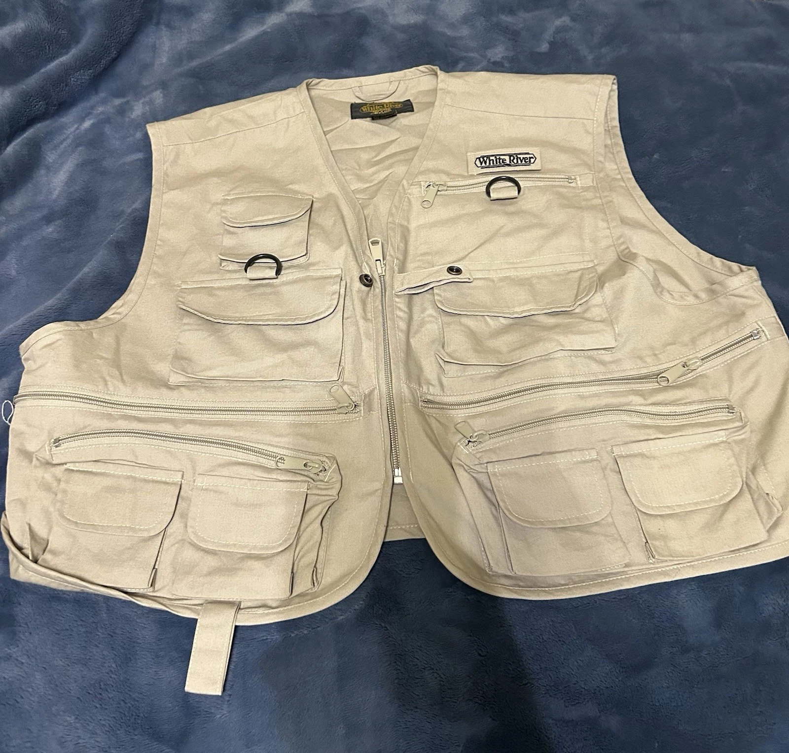 White River Fly Shop Fishing Vest Zip Up Sleeveless Beige/Khaki Men’s M Pockets