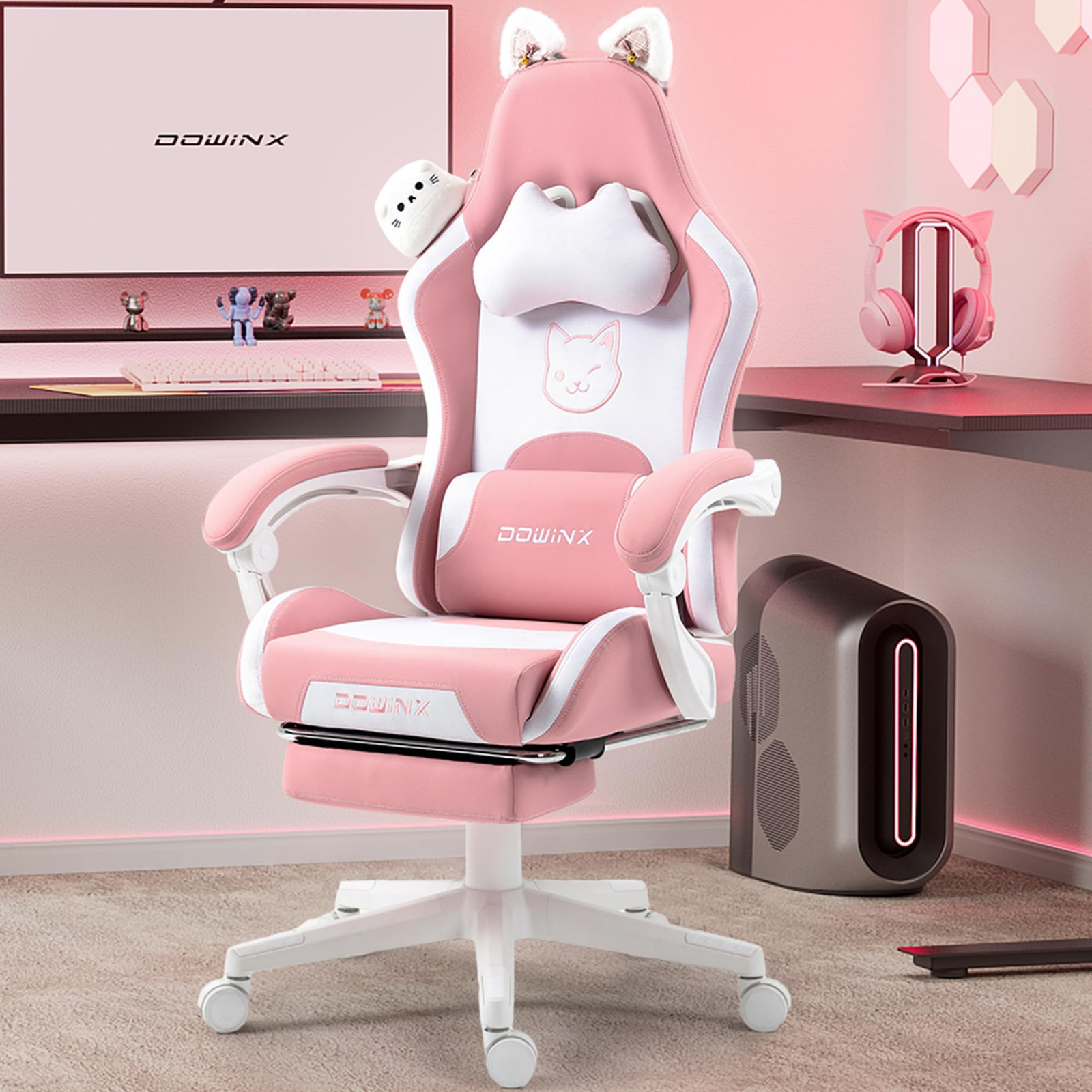 Dowinx Gaming Chair Cute with Cat Ears and Massage Lumbar Support, Ergonomic ...-image