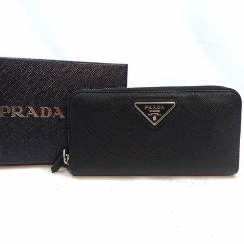 Prada Portefeuille Long Rond Zip Cuir Logo Triangulaire Noir Authentique