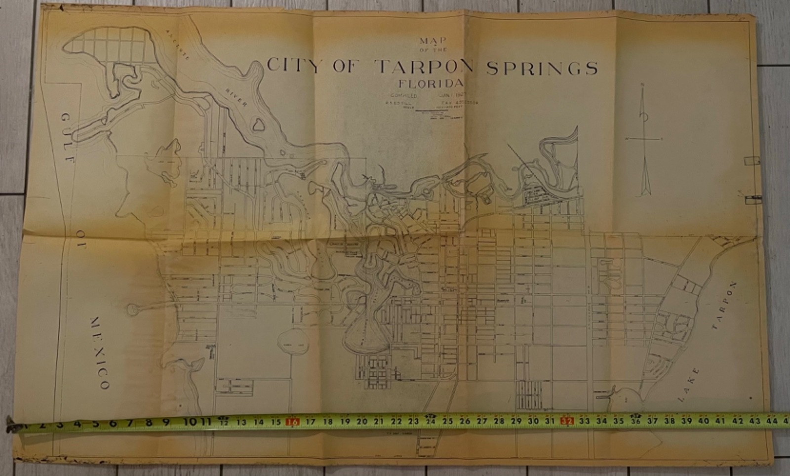 Rare VTG Hand Drawn & Printed 44x27 MAP Florida TARPON SPRINGS Nautical Decor