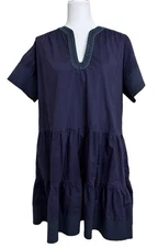 Pomander Place Womens Tiered Dress Navy Blue Cotton Short Sleeve Size M