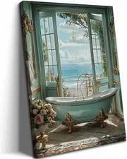 Blue Ocean Theme Bathroom Canvas Wall Art Vintage Teal Bathtub Picture Wall Deco
