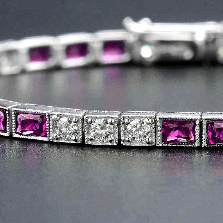 Gorgeous 5.90 CT Princes Cut Red Ruby & Round White CZ Silver Art Deco Bracelet - Image 3 of 4