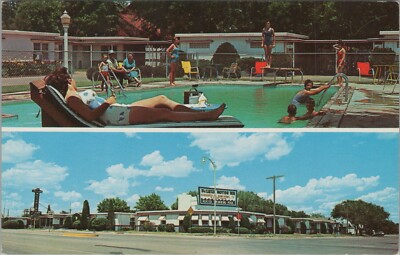 Deluxe Motor Inn Motel Brownsfield Texas pool swimmers 2 views postcard E449