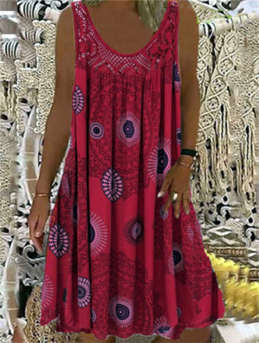 Womens Sleeveless Retro PRINT Summer Baggy Kaftan Lace Loose Top Dress Plus Size - Picture 20 of 25