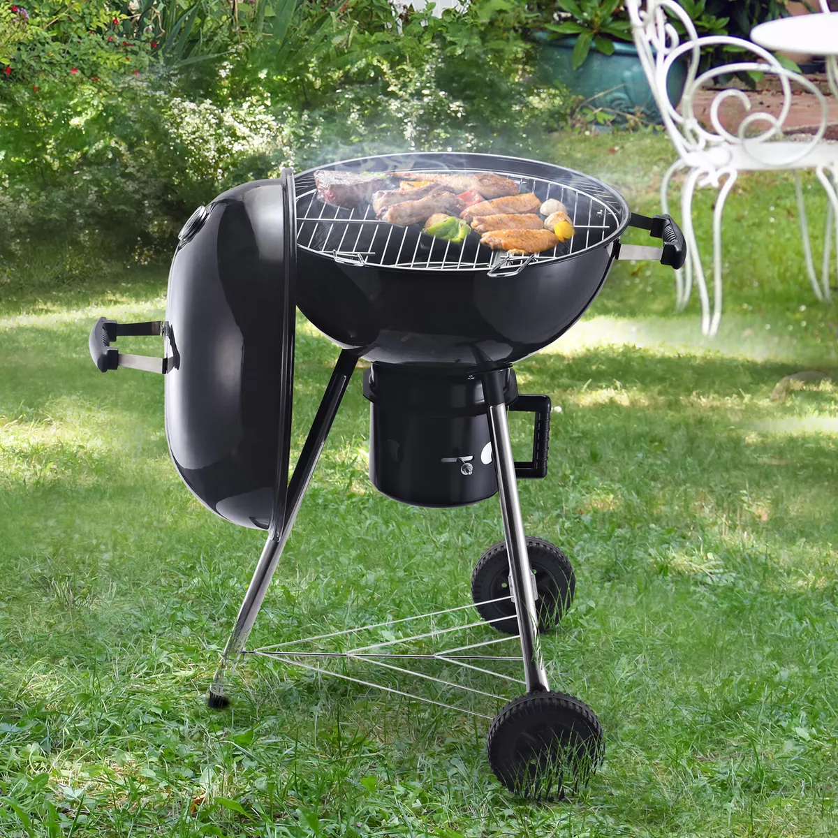 Charcoal BBQ Grill Portable Outdoor Camp Picnic Barbecue w/ Wheels, Shelves