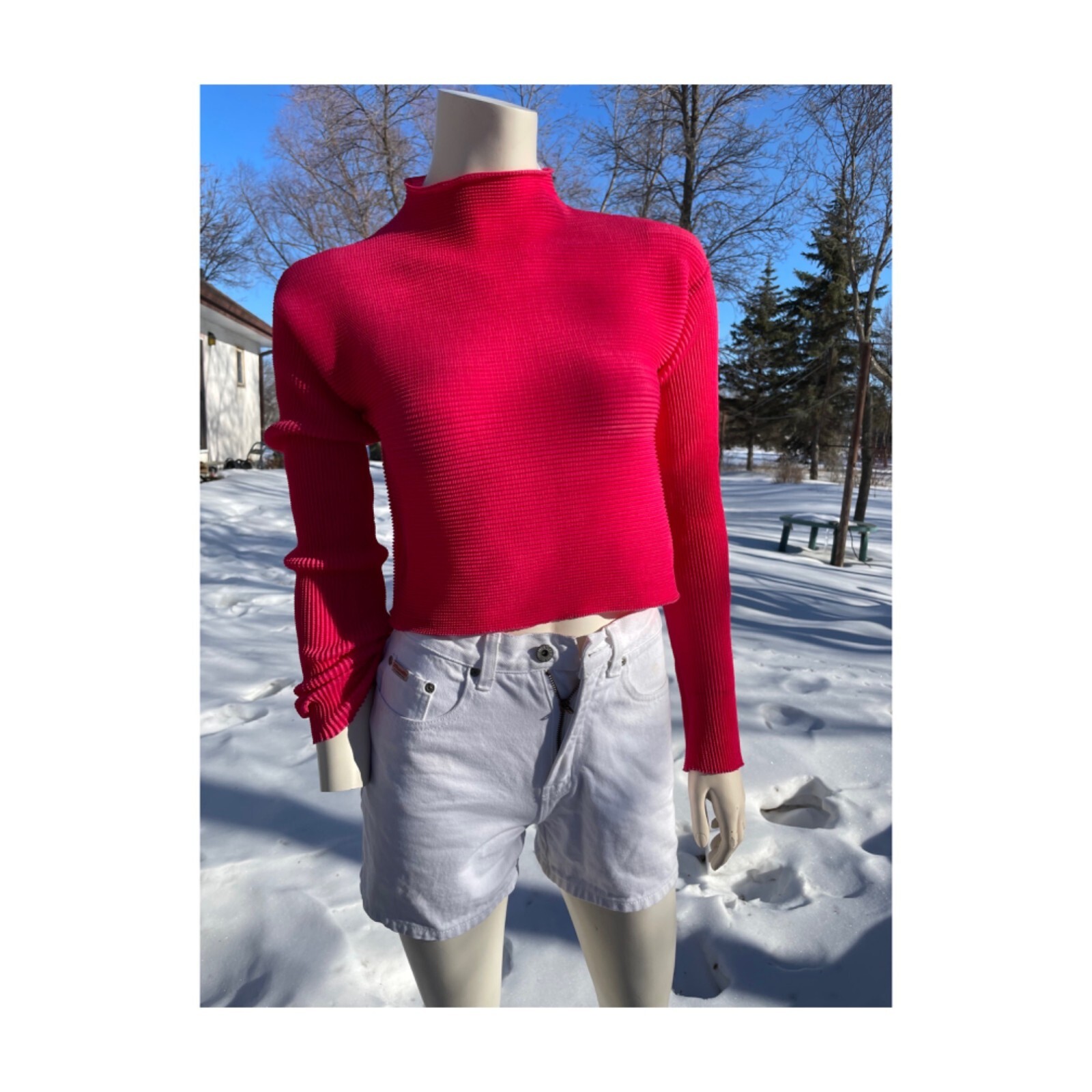 90s Holt Renfrew Crop Top Waffle Knit Red Pink Mock Neck Long Sleeve Sz L