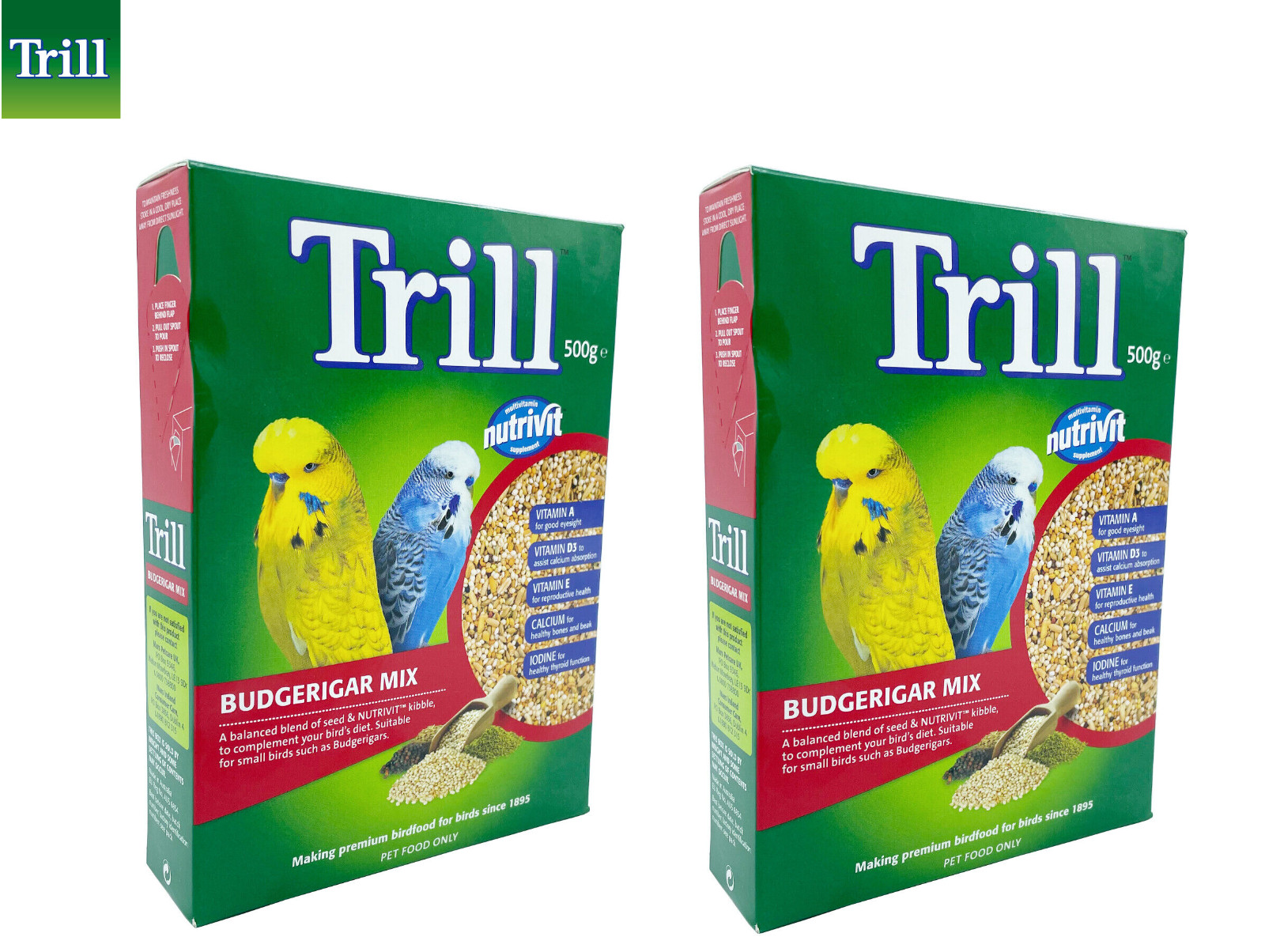 2 PACK TRILL NUTRIVIT COMPLETE BUDGIE FOOD DIET VITAMINS CALCIUM IODINE MIX 500G