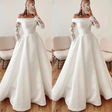 Off Shoulder Wedding Dresses with Pockets Satin Lace Long Sleeves Bridal Gowns